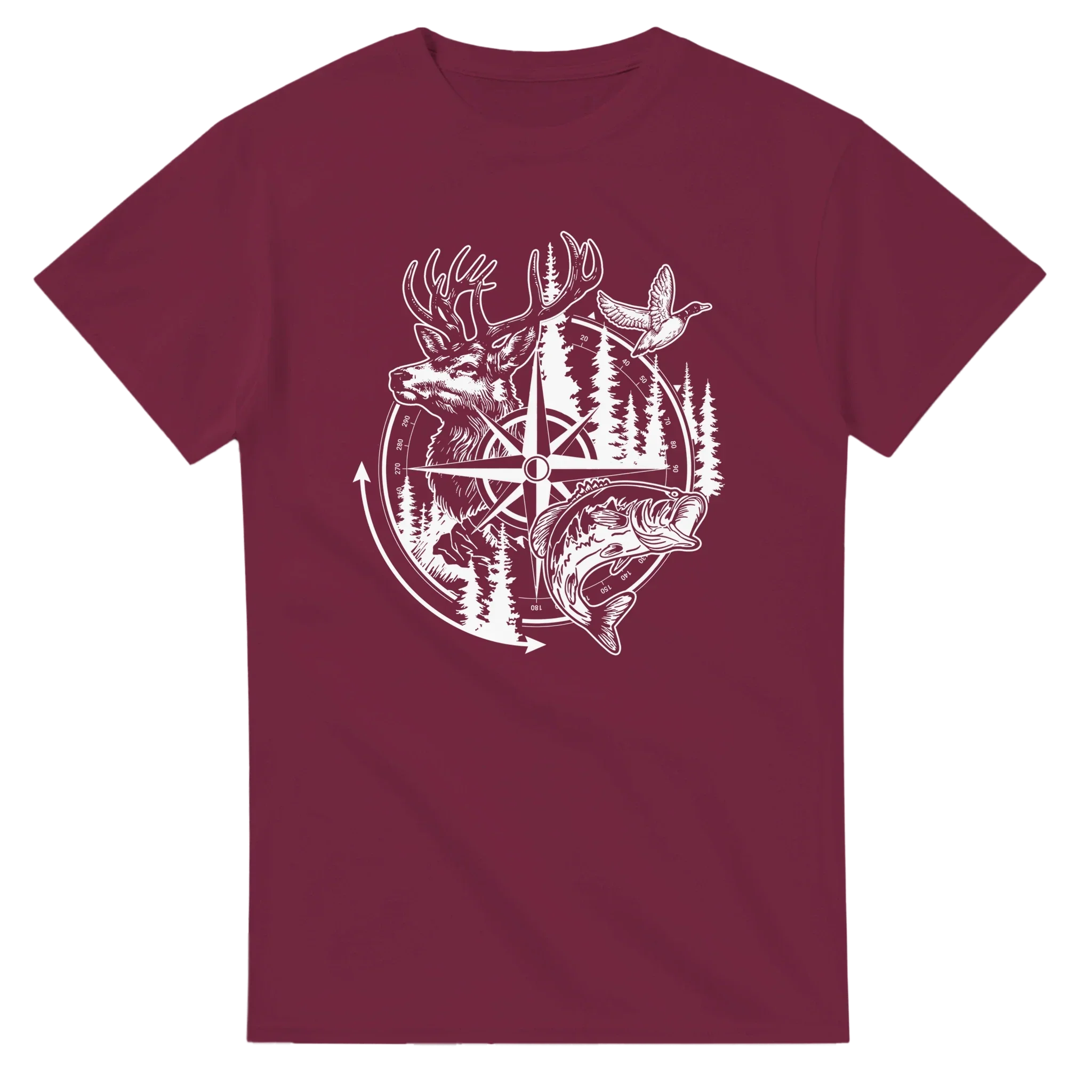 Big Buck Adventure T-Shirt with bass, duck, and compass design on maroon cotton crewneck tee