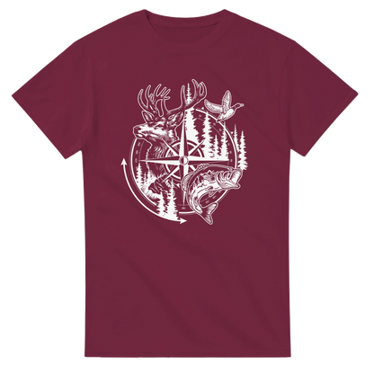 Big Buck Adventure T-Shirt with outdoor design featuring a deer, bass, duck, and compass on maroon cotton fabric