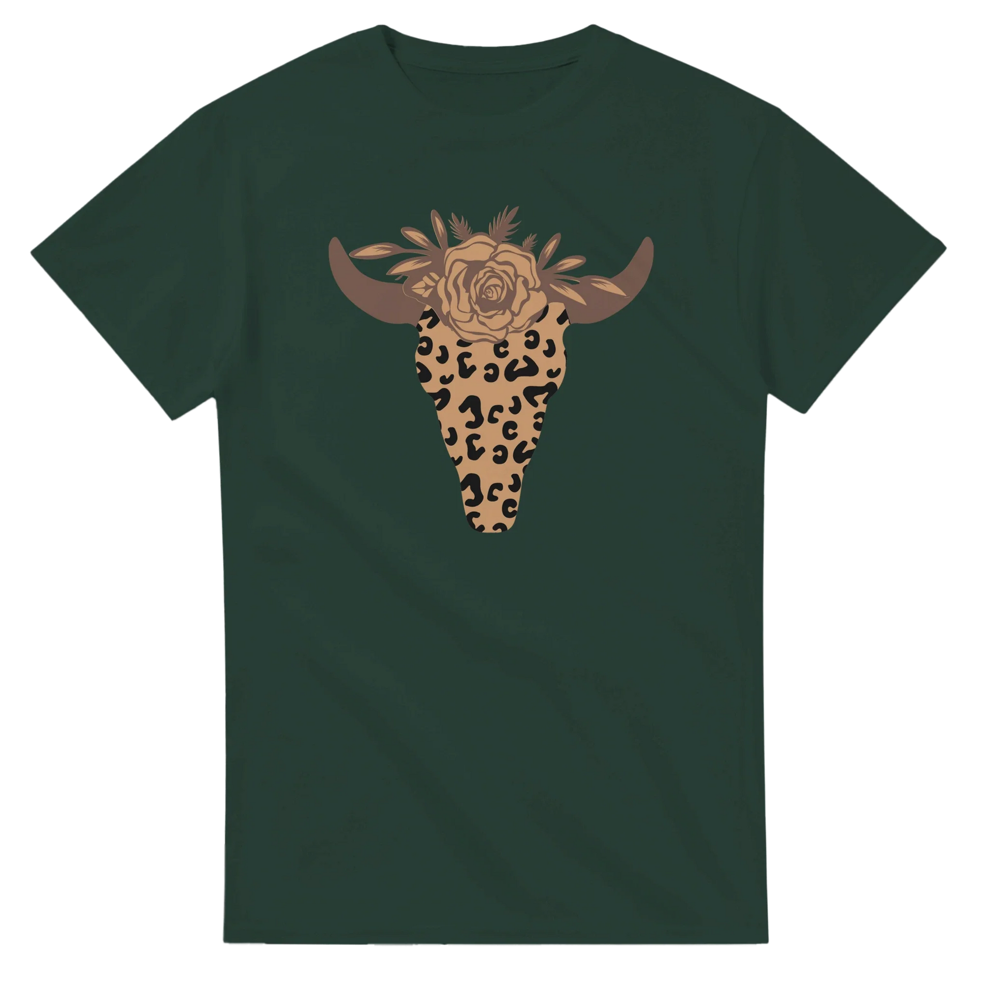 Dark green t-shirt featuring leopard print steer skull with floral design on front