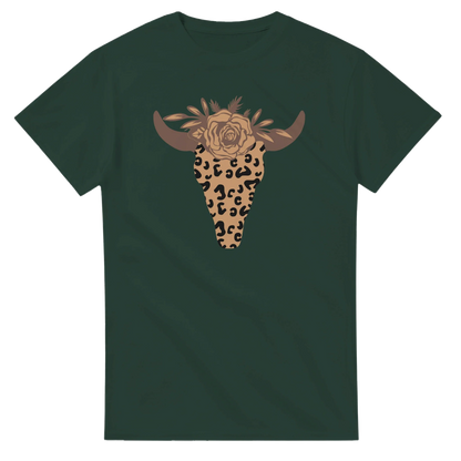 Dark green t-shirt featuring leopard print steer skull with floral design on front