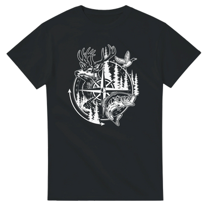 Big Buck Adventure T-Shirt with bass, duck, deer, and compass design on black cotton tee