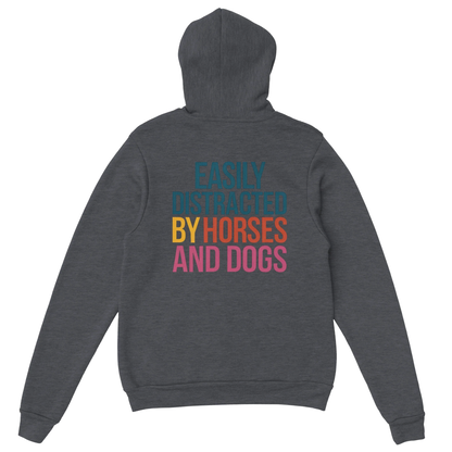 Dark gray hoodie with colorful "Easily Distracted by Horses and Dogs" text on the back