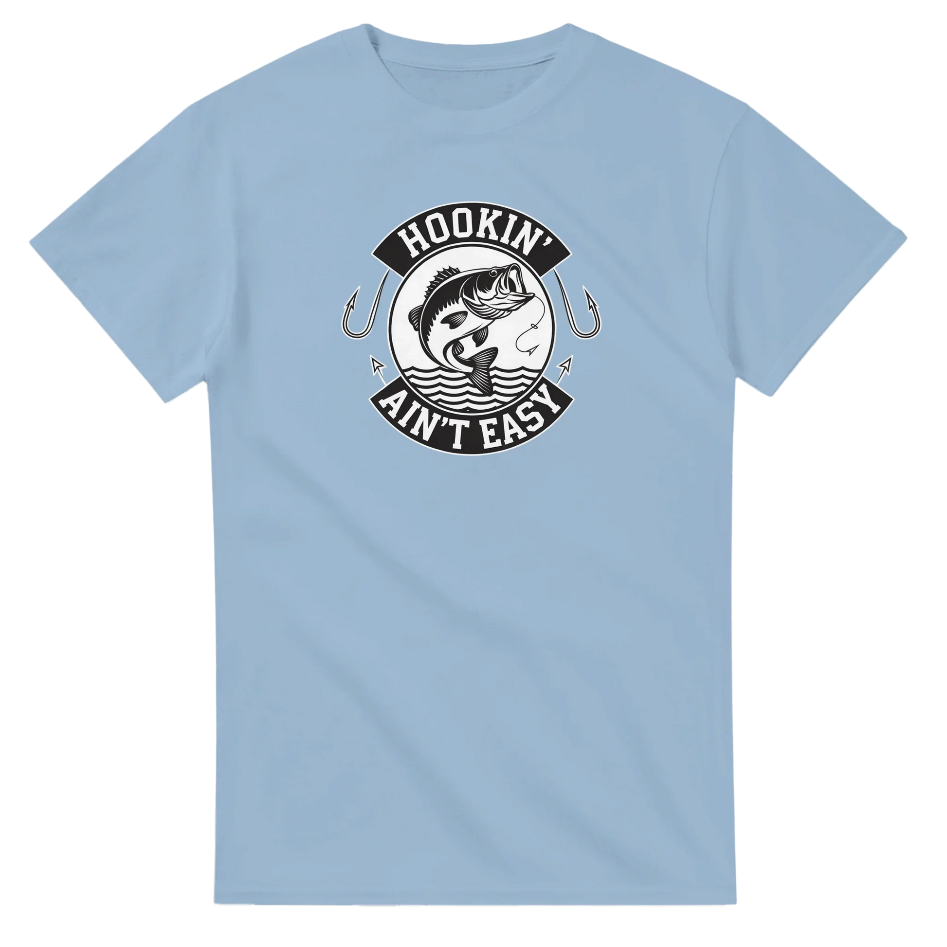 Light blue Hookin' Ain't Easy T-Shirt with fishing graphic and text, heavyweight cotton, durable double-needle seams