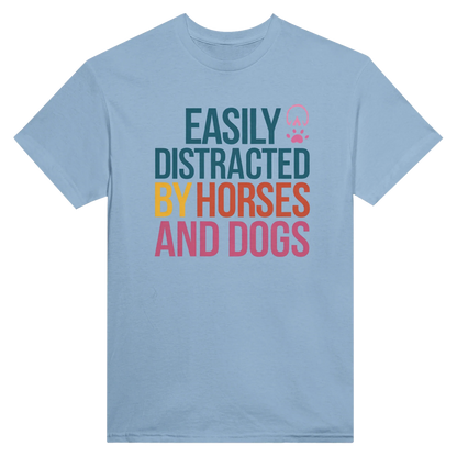 Light blue Easily Distracted By Horses and Dogs T-Shirt with colorful text and pink hoof and paw prints