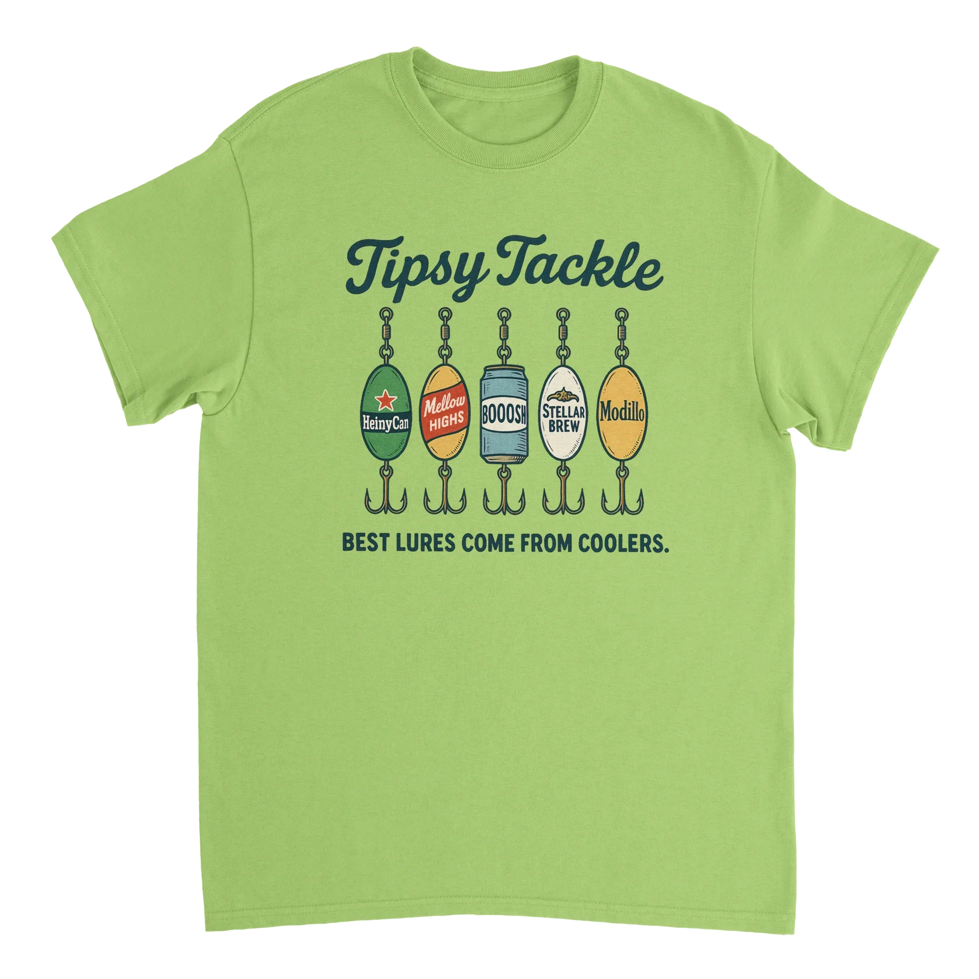 Tipsy Tackle T-Shirt with fishing lure beer design and slogan best lures come from coolers on green cotton tee