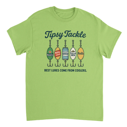 Tipsy Tackle T-Shirt with fishing lure beer design and slogan best lures come from coolers on green cotton tee