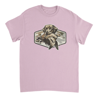 Duck Hunter's T-Shirt with hunting dog and duck graphic on camo background in pink cotton tee
