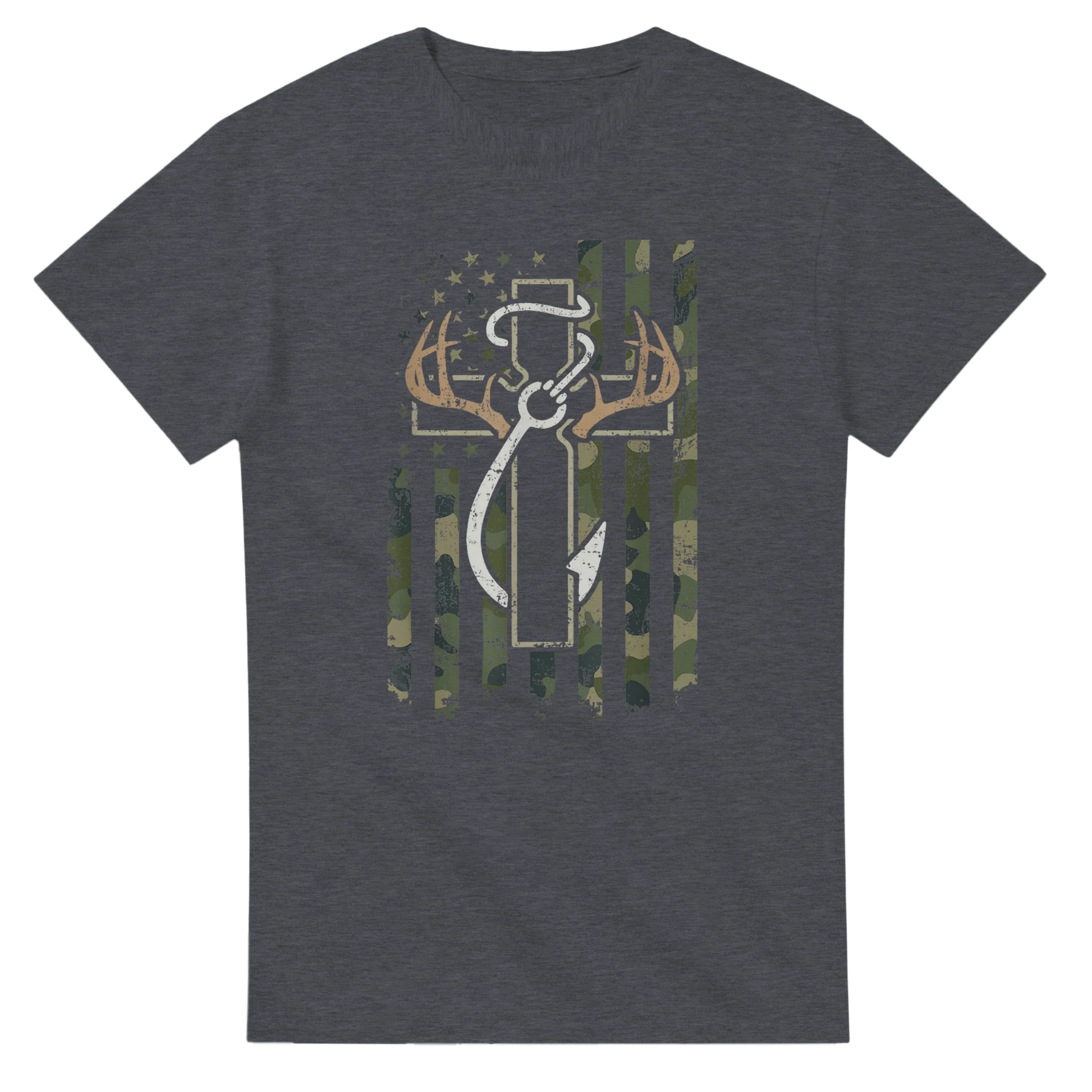 Gray heavyweight cotton Patriotic Hunting Fishing Faith T-Shirt with camo American flag and hunting fishing faith emblem design