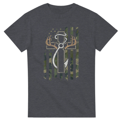 Gray heavyweight cotton Patriotic Hunting Fishing Faith T-Shirt with camo American flag and hunting fishing faith emblem design