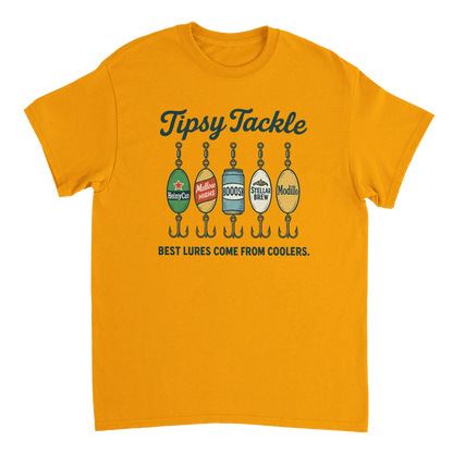 Tipsy Tackle T-Shirt with humorous fishing lures and slogan best lures come from coolers on mustard yellow cotton tee