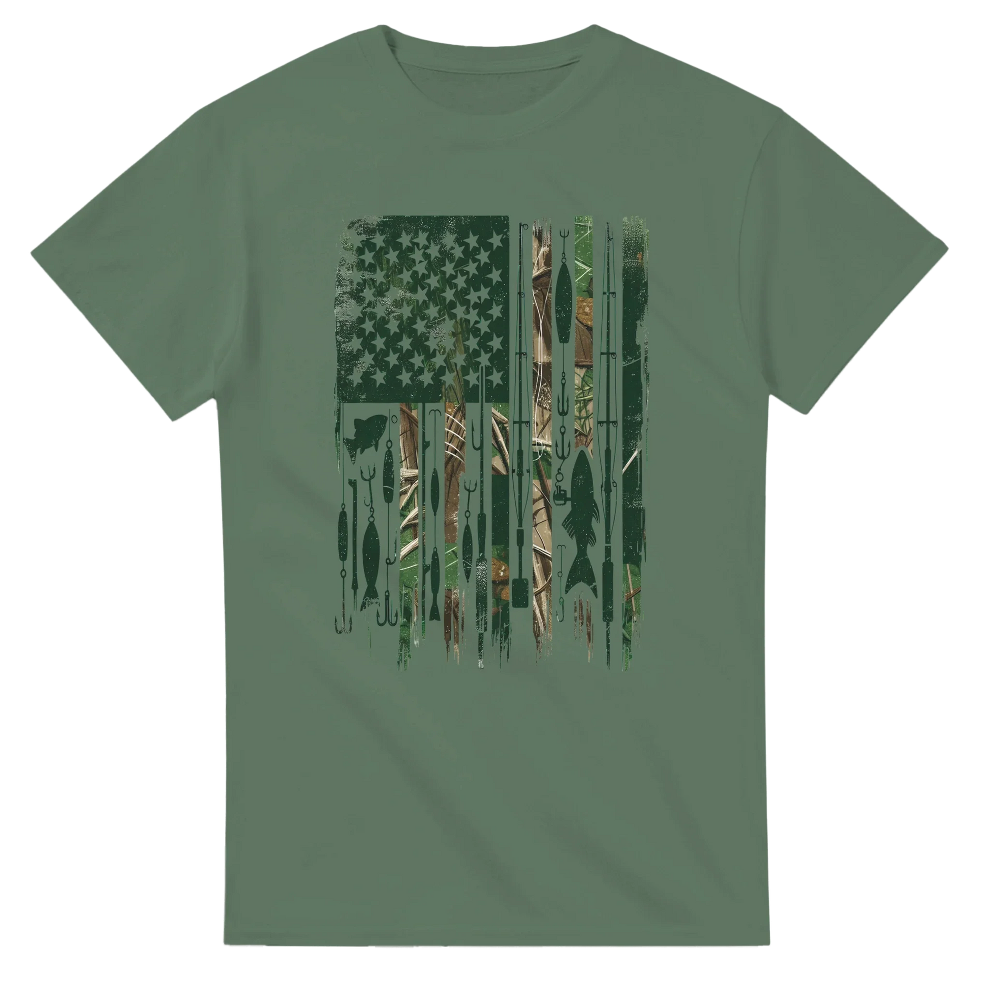 Green Patriotic Fishing T-Shirt with camo fishing lure American flag design