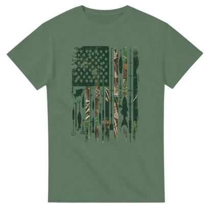 Green Patriotic Fishing T-Shirt with camo fishing lure American flag design