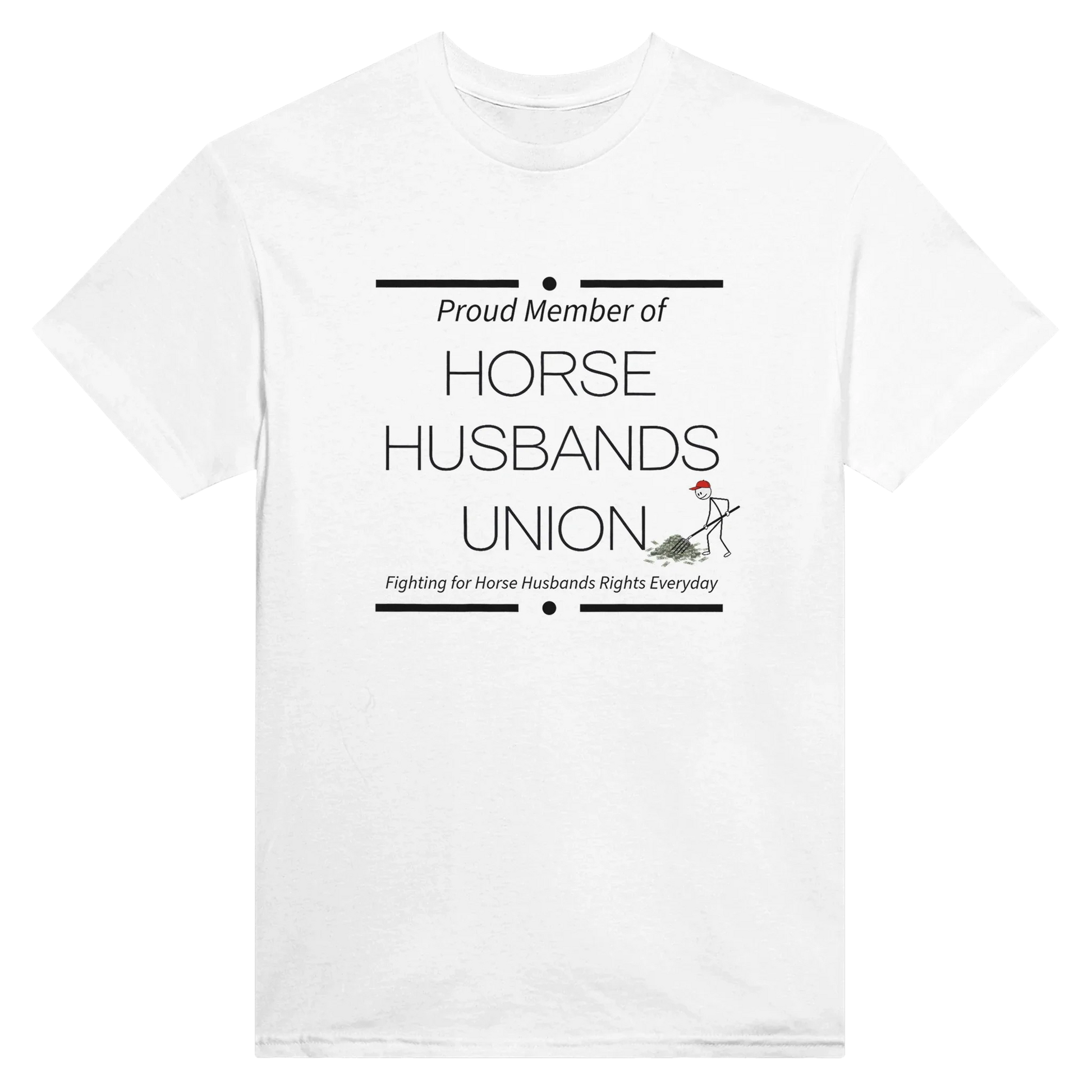 White Horse Husbands Union tshirt with humorous man shoveling money design