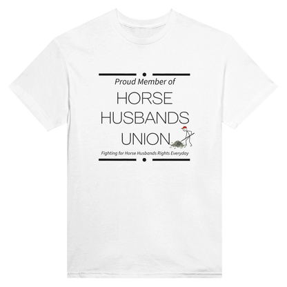 White Horse Husbands Union tshirt with humorous man shoveling money design