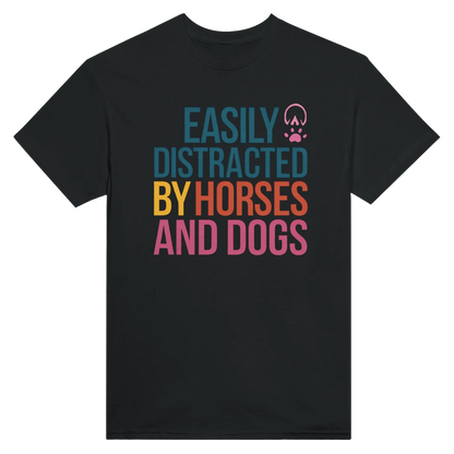 Black t-shirt with colorful "Easily Distracted By Horses and Dogs" text and pink hoof and paw prints design.