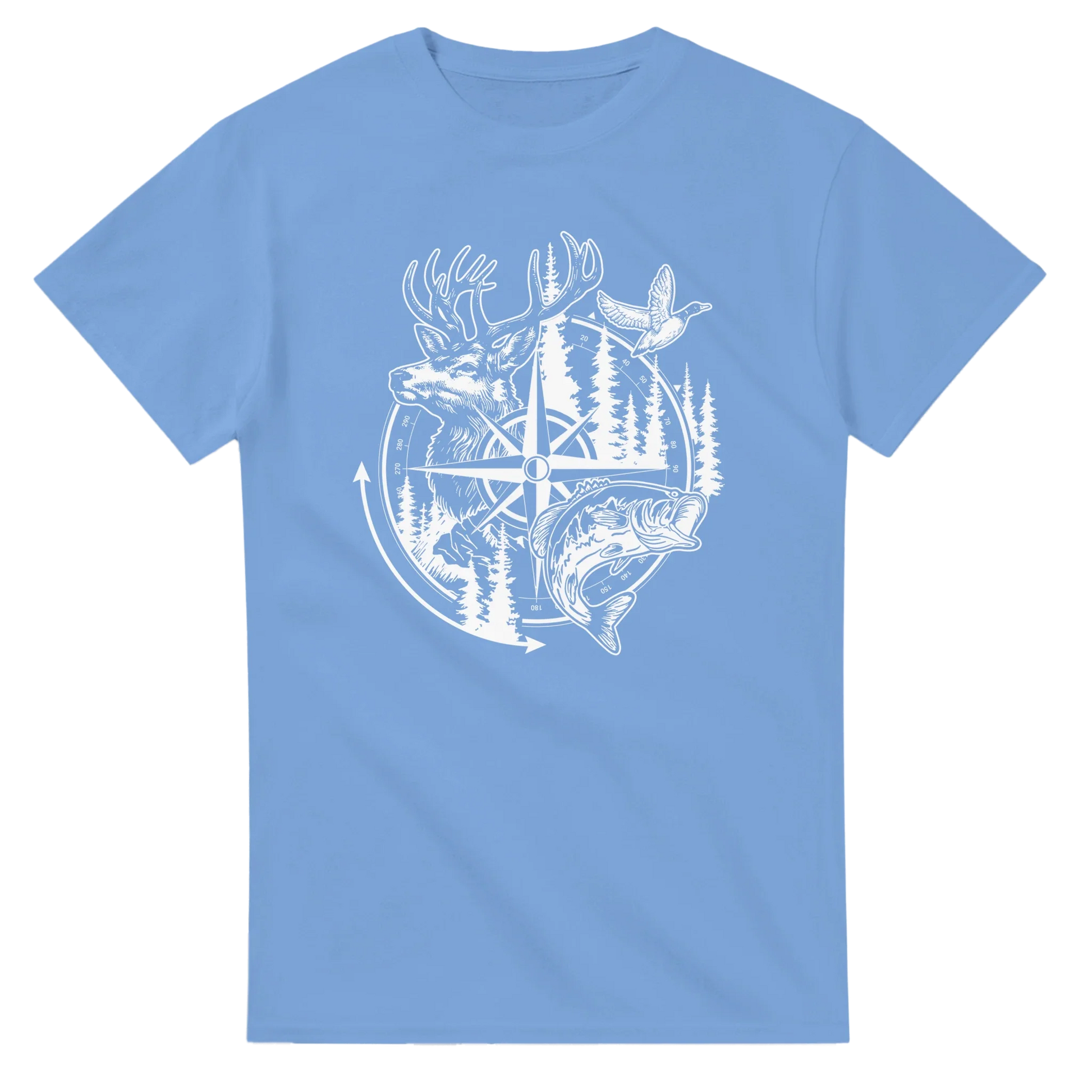 Big Buck Adventure T-Shirt in blue with white bass, duck, deer, and compass outdoor design