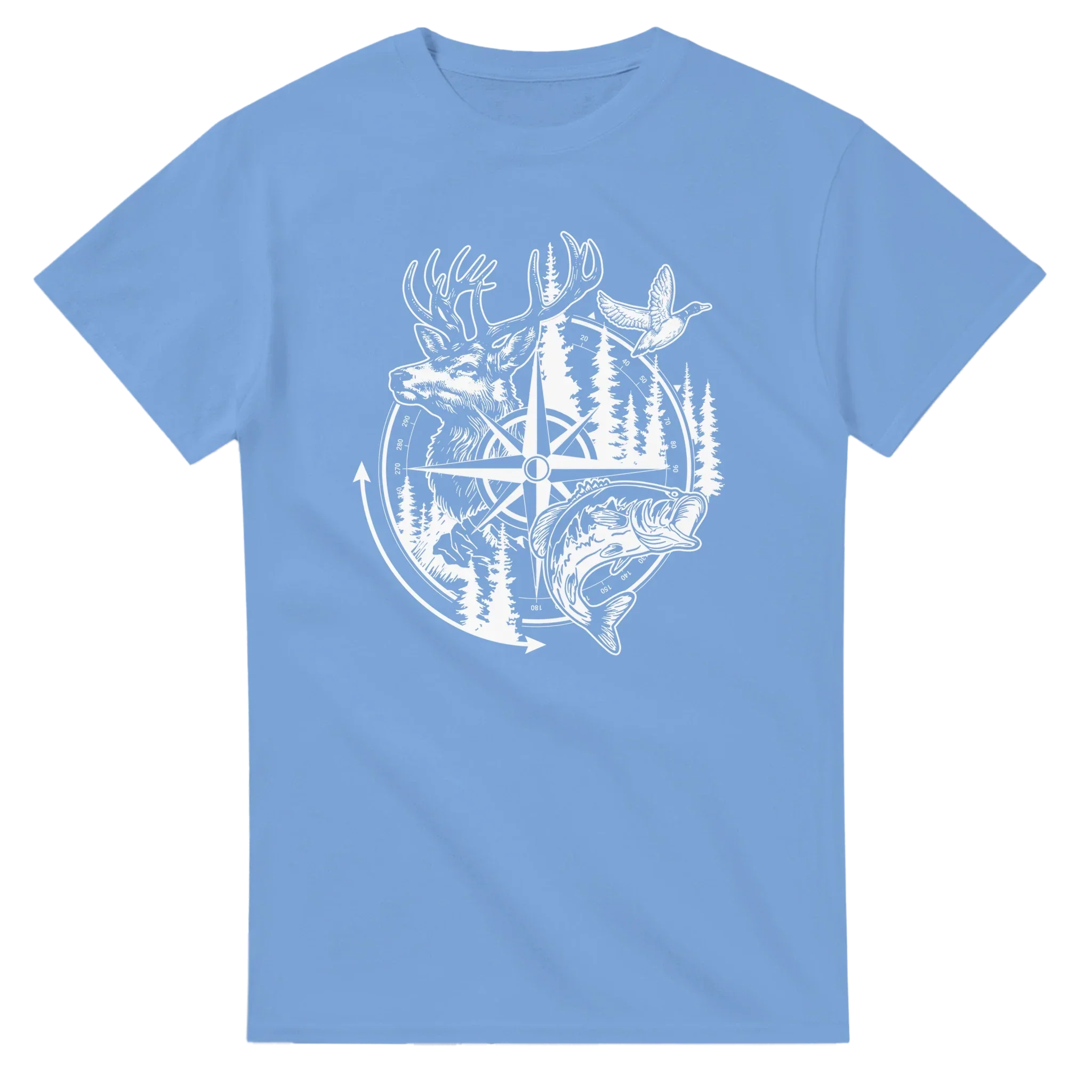 Big Buck Adventure T-Shirt light blue with white outdoor designs of a buck, fish, duck, and compass