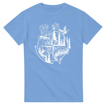 Big Buck Adventure T-Shirt in blue with white bass, duck, deer, and compass outdoor design