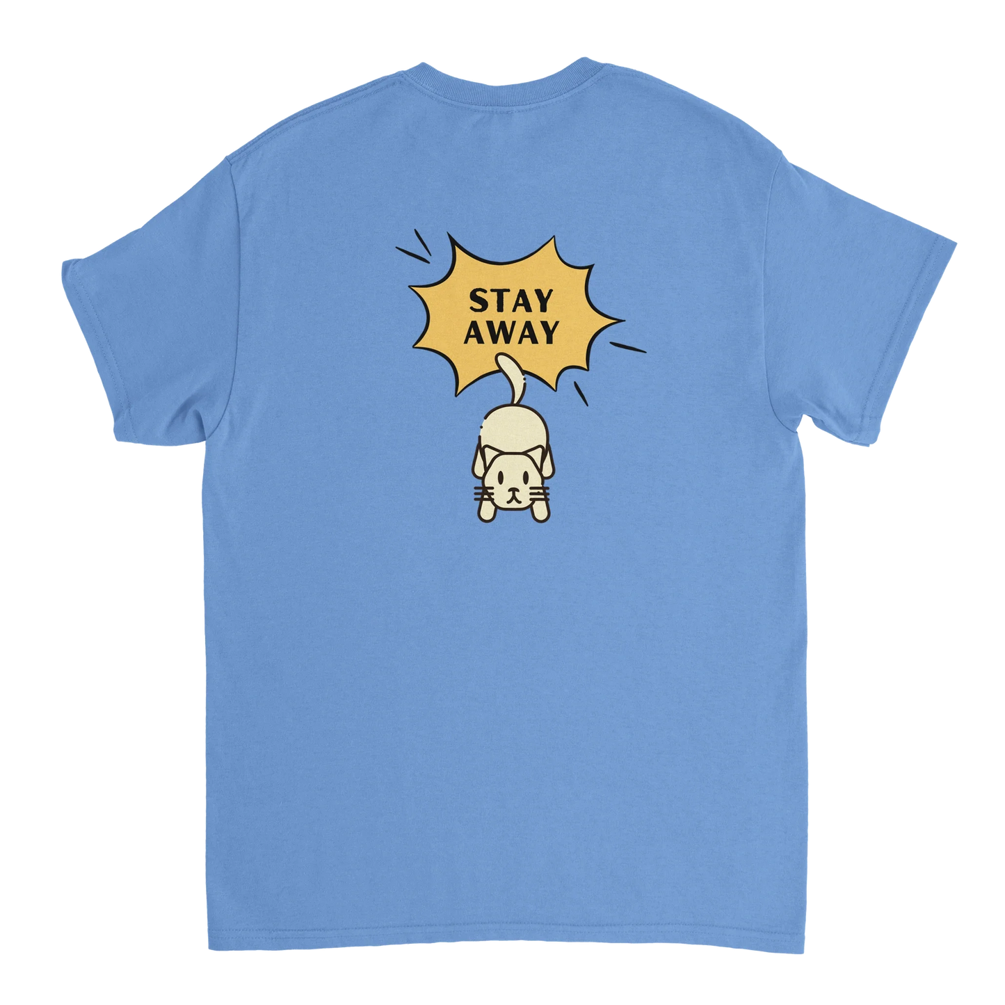 Blue Stay Away Cat T-Shirt with pouncing cat graphic and slogan on back