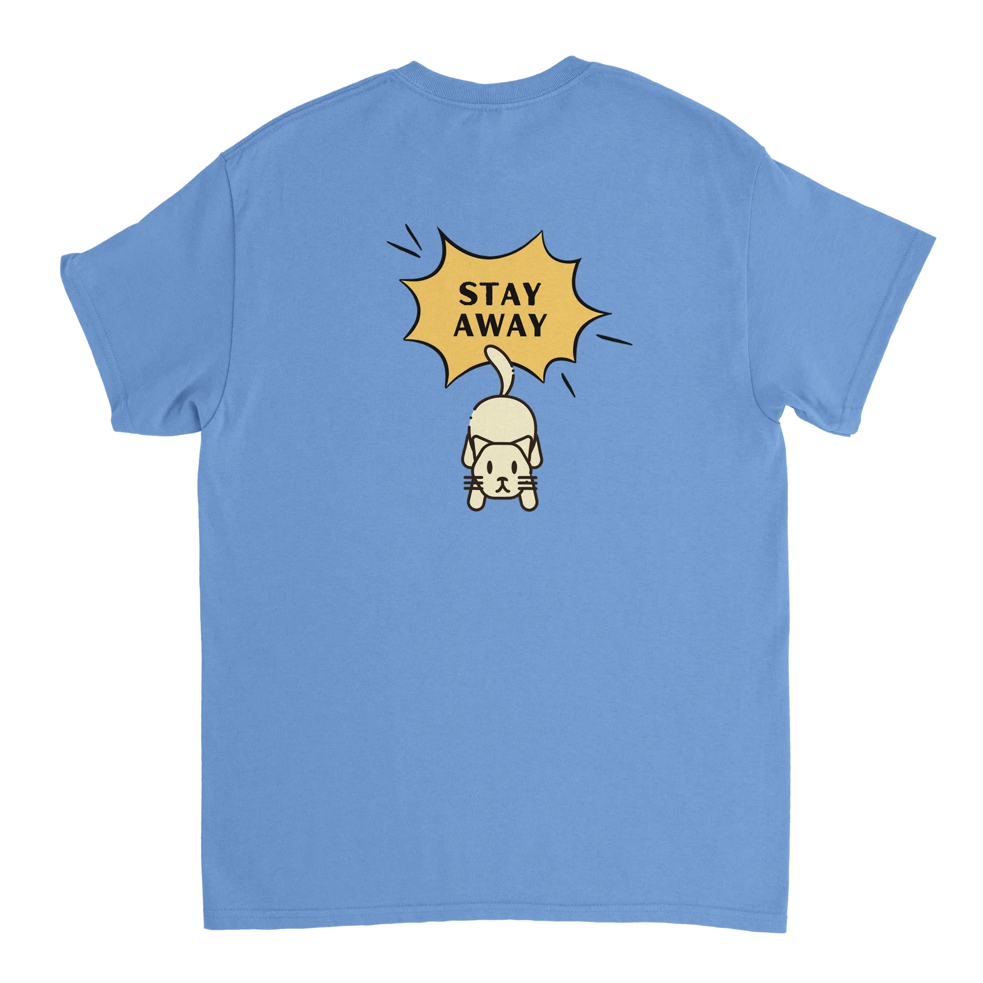 Blue Stay Away Cat T-Shirt with pouncing cat graphic and slogan on back