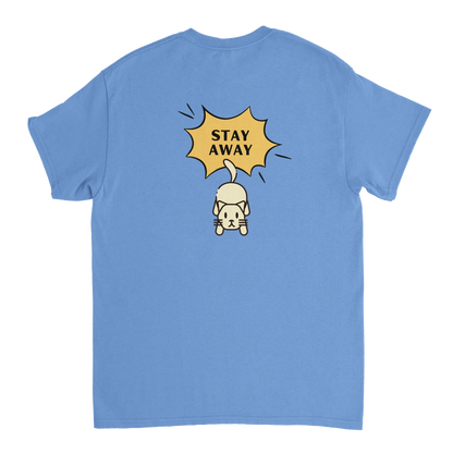 Blue Stay Away Cat T-Shirt with pouncing cat graphic and slogan on back