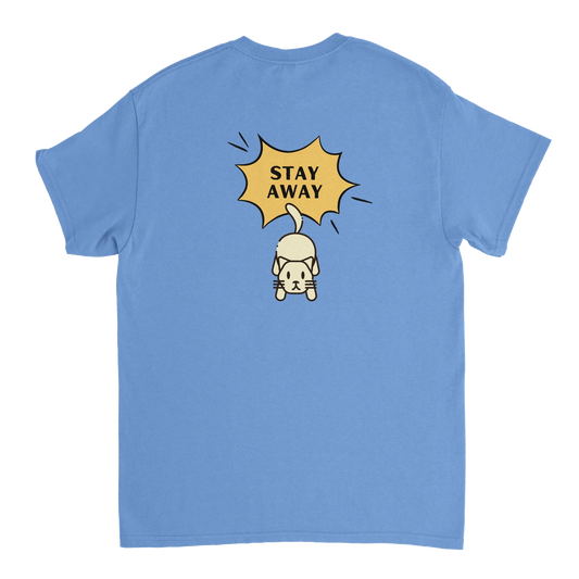 Blue Stay Away Cat T-Shirt with pouncing cat graphic and slogan on back