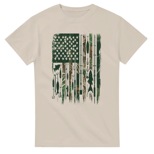 Patriotic Fishing T-Shirt with fishing lures and American flag design on camo background