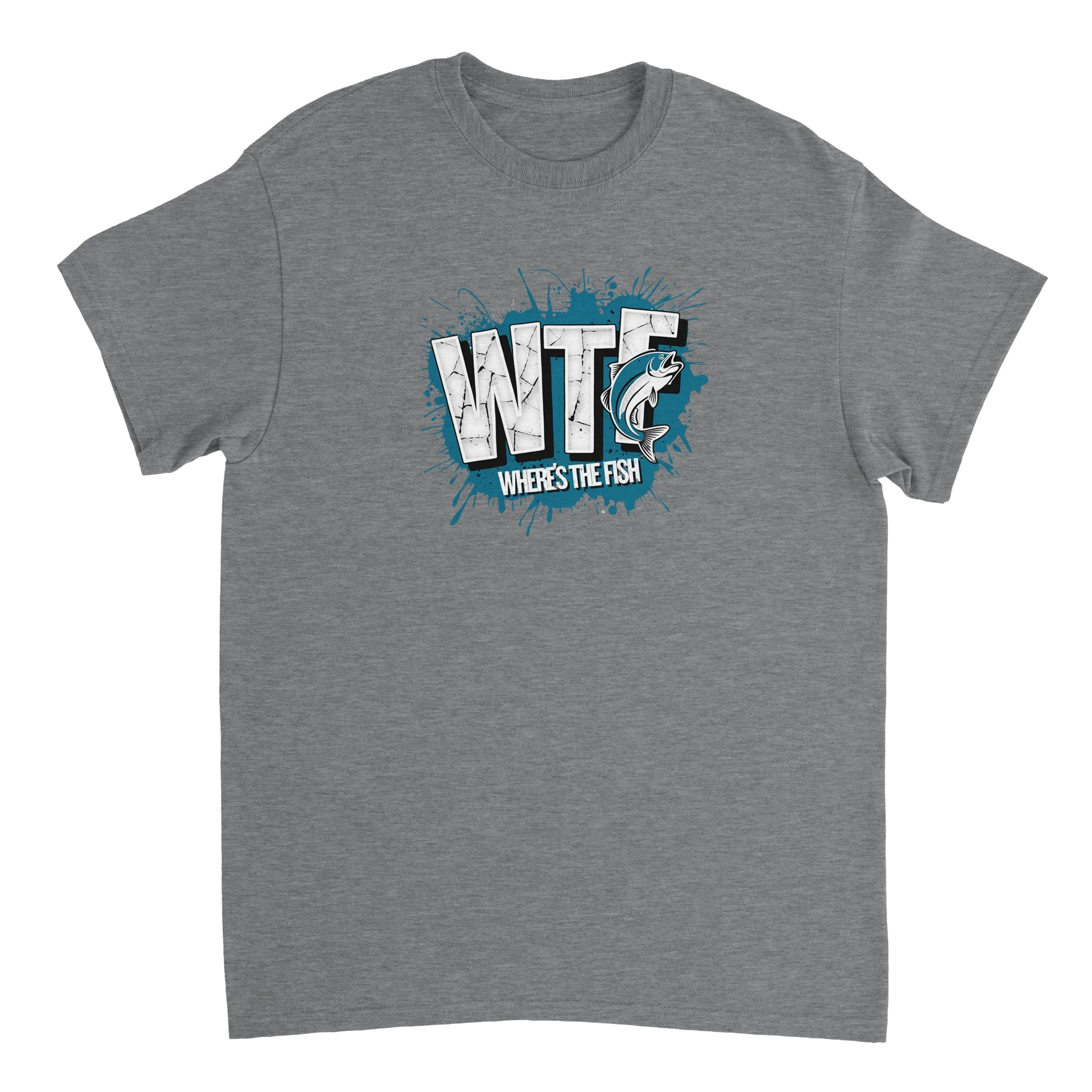 Grey WTF Where's The Fish whimsical fishing t-shirt with graphic print on front