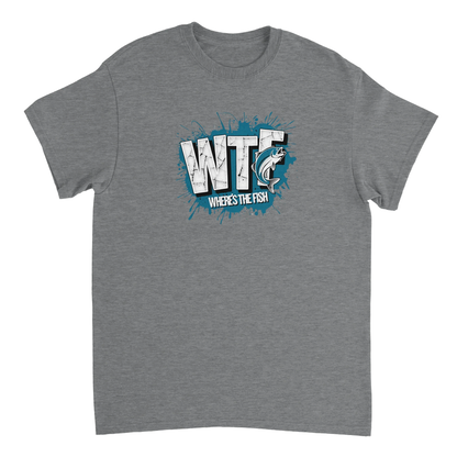 Grey WTF Where's The Fish whimsical fishing t-shirt with graphic print on front