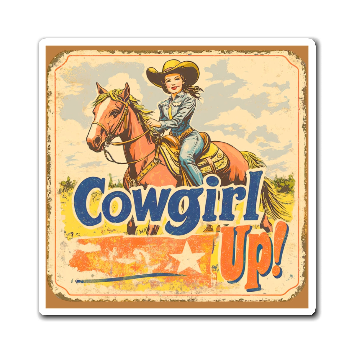 Cowgirl Up Vintage Rodeo Poster Inspired Magnet 3 in by 3 in