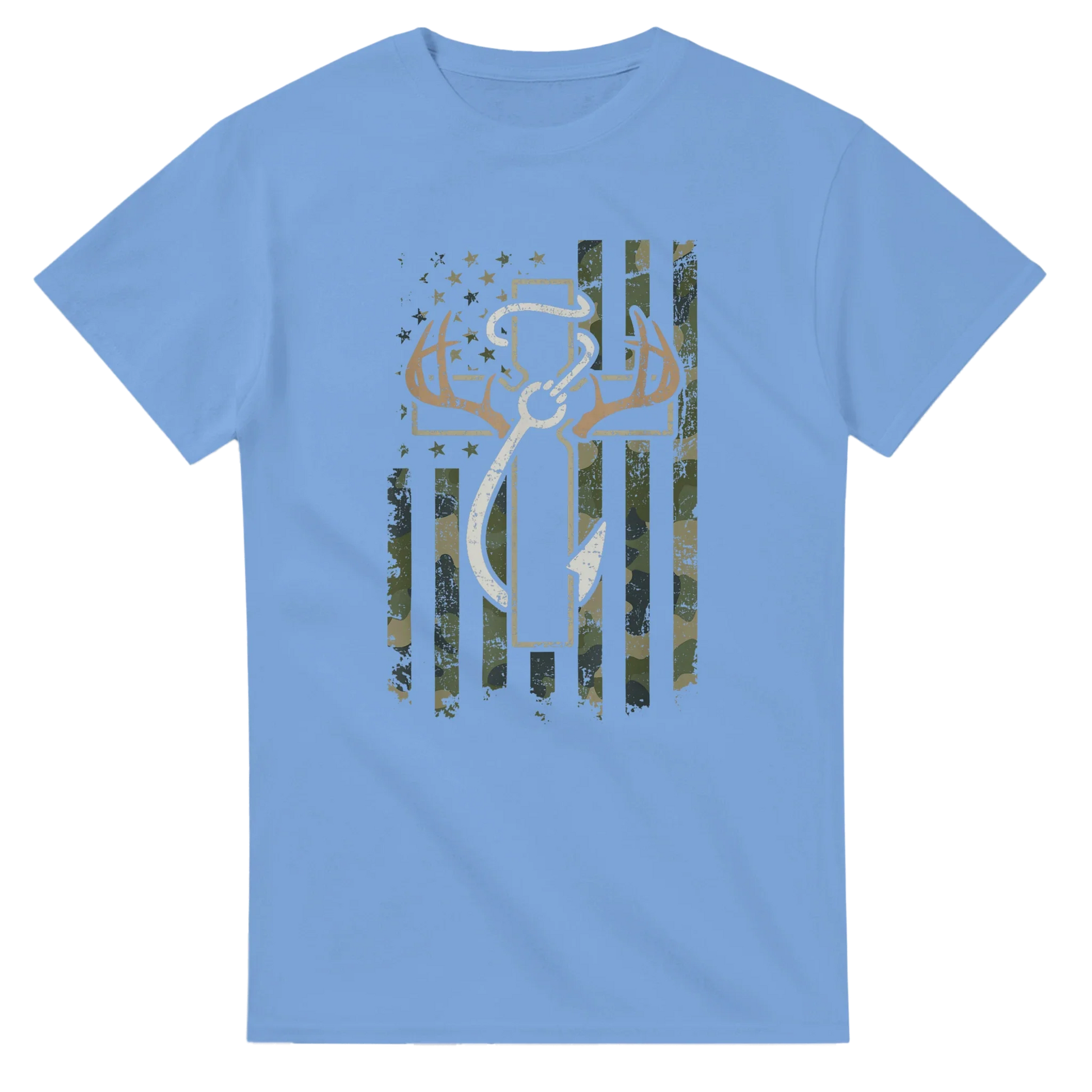 Light blue Patriotic Hunting Fishing Faith T-Shirt with camouflage American flag and hunting fishing faith graphic design on front