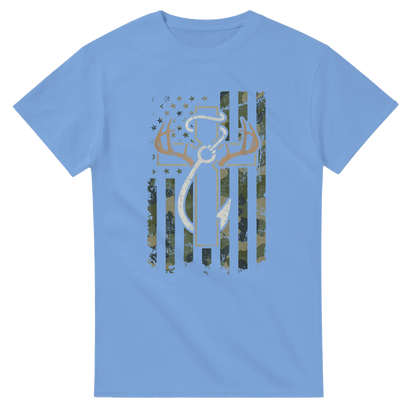 Light blue Patriotic Hunting Fishing Faith T-Shirt with camouflage American flag and hunting fishing faith graphic design on front
