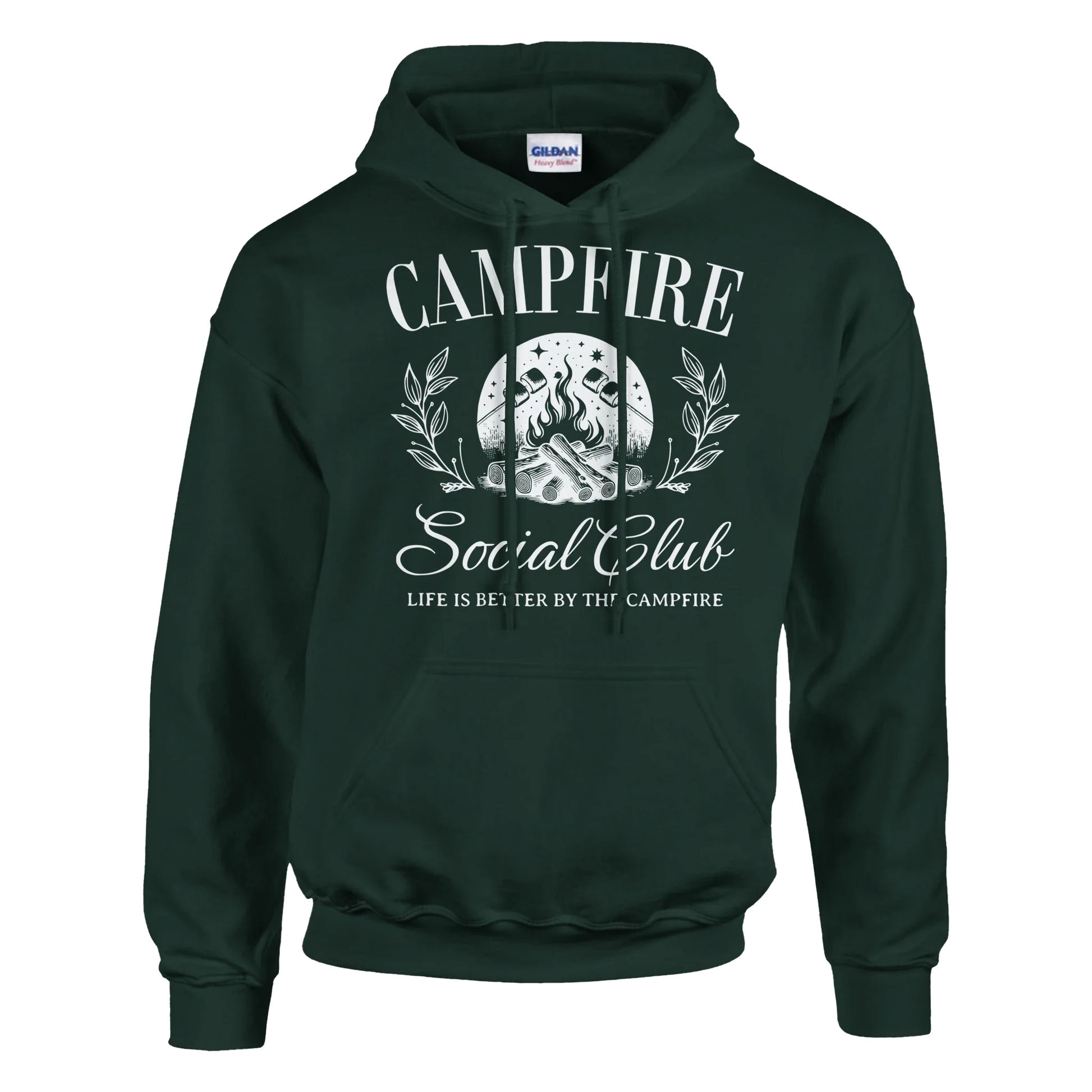 Dark green Campfire Social Club cozy hoodie with campfire graphic and front pouch pocket