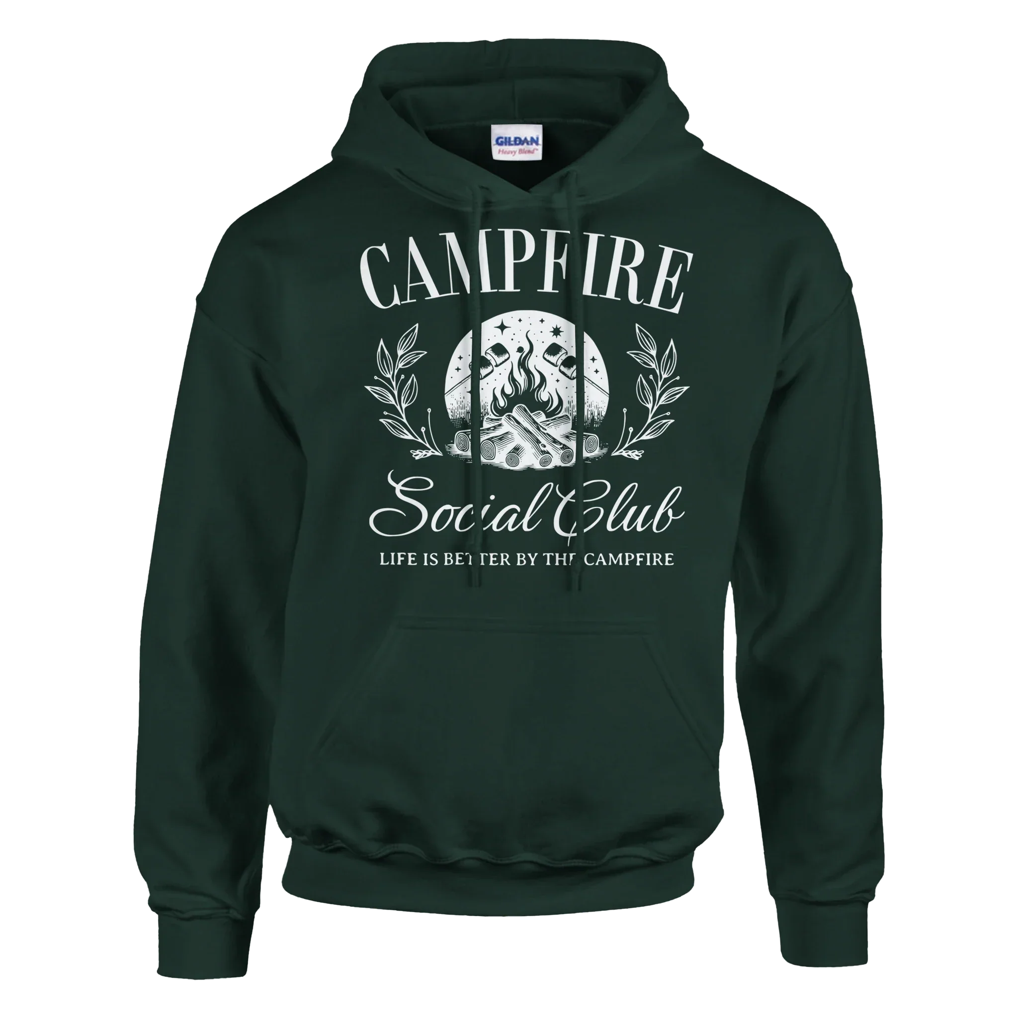 Campfire Social Club cozy dark green hoodie with campfire graphic and front pouch pocket