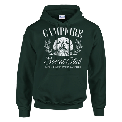 Dark green Campfire Social Club cozy hoodie with campfire graphic and front pouch pocket