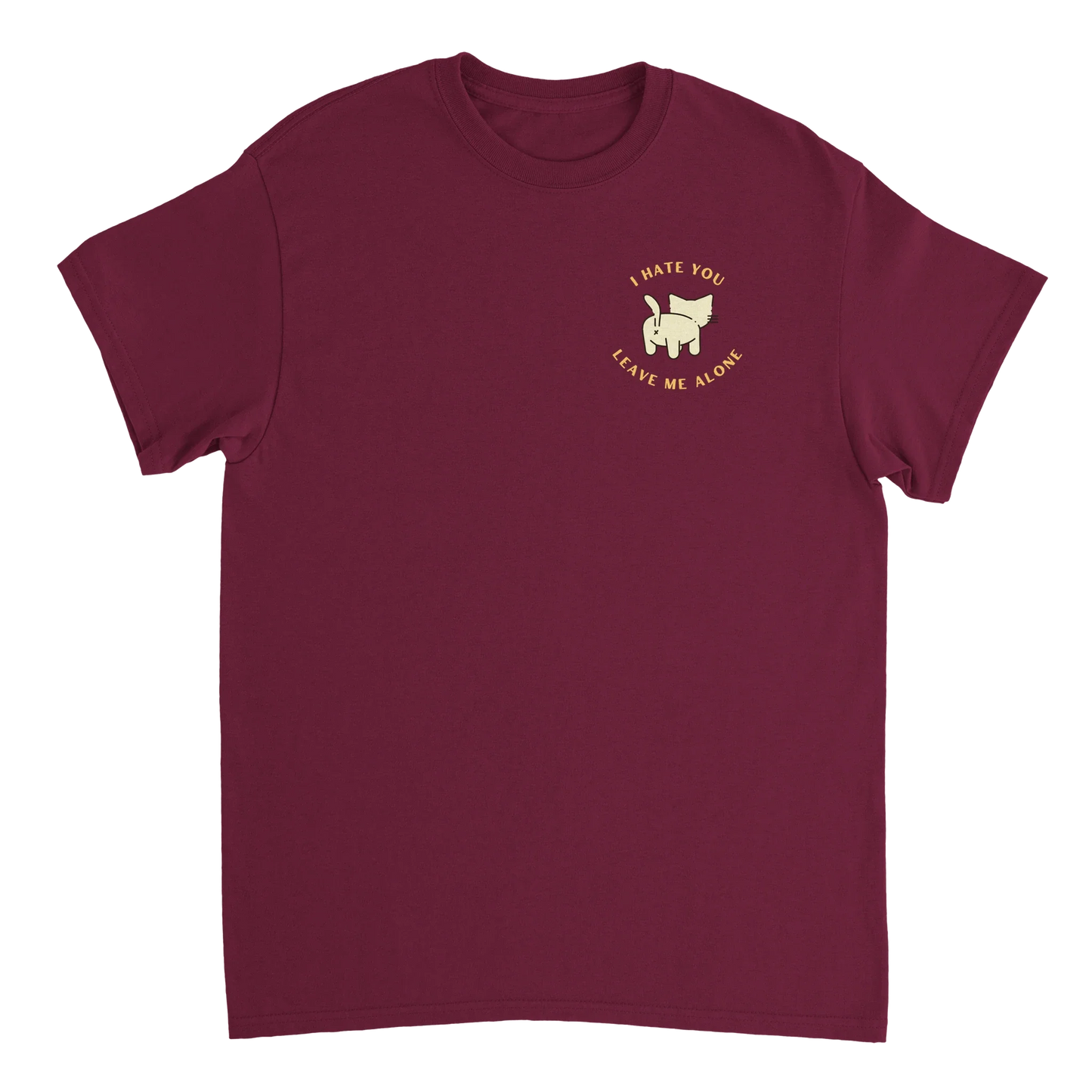 Stay Away Cat T-Shirt maroon with playful cat behind and sassy sayings design