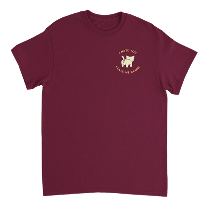 Stay Away Cat T-Shirt maroon with playful cat behind and sassy sayings design