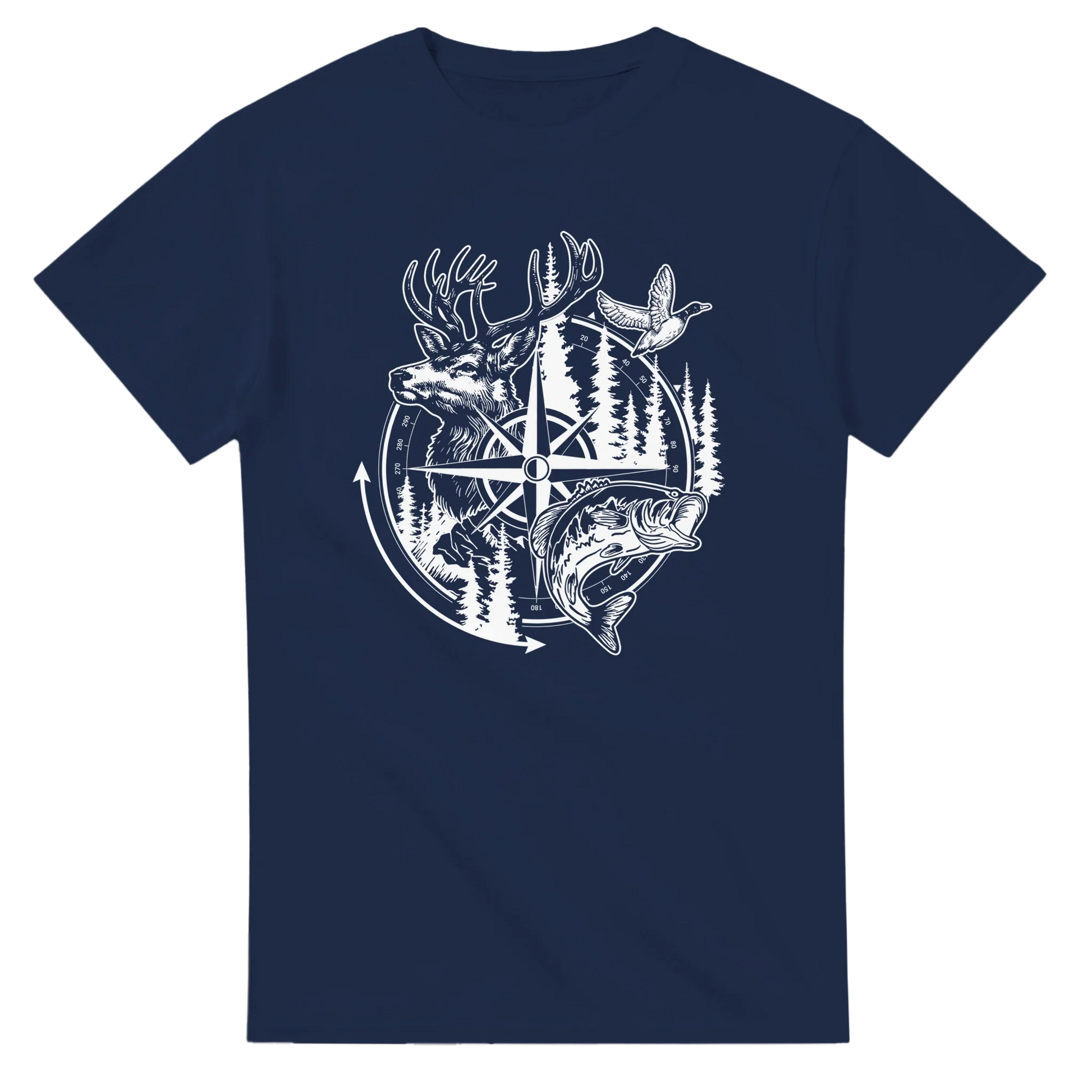 Big Buck Adventure T-Shirt navy featuring deer, fish, duck, and compass outdoor design
