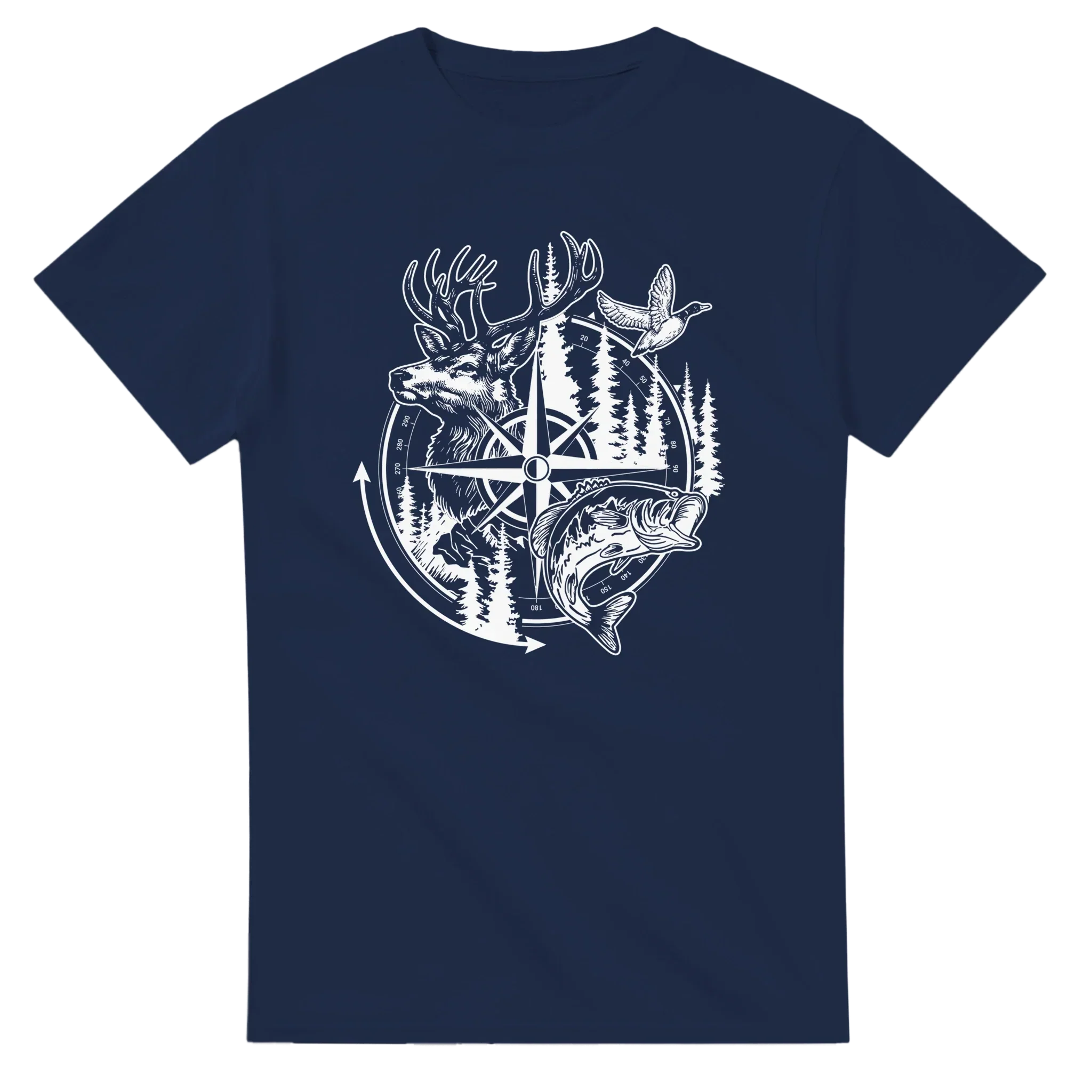 Big Buck Adventure T-Shirt with deer, fish, and duck compass design on navy cotton shirt