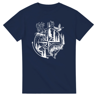 Big Buck Adventure T-Shirt navy featuring deer, fish, duck, and compass outdoor design