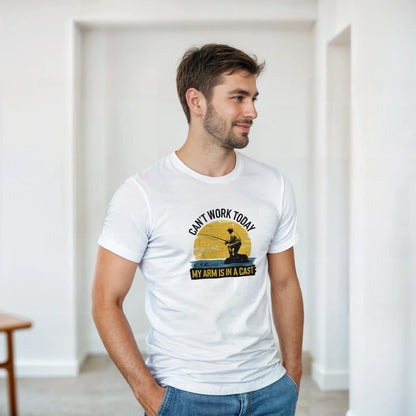 Man wearing white funny fishing t-shirt with "Can't Work Today, My Arm is in a Cast" slogan and fishing graphic