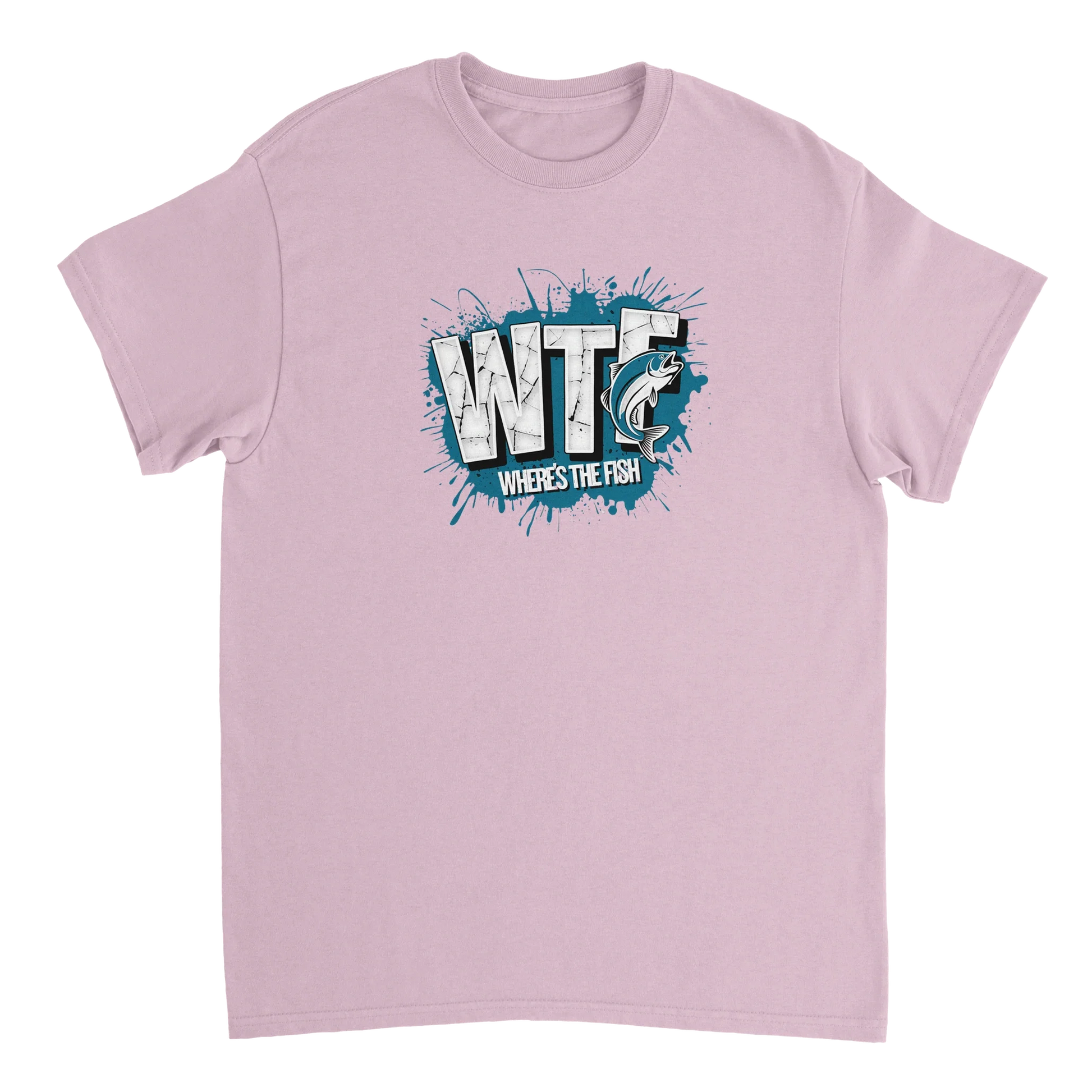 WTF Where's The Fish whimsical fishing t-shirt in classic cotton fit with graphic logo on light purple fabric