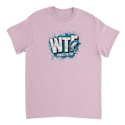 WTF Where's The Fish whimsical fishing t-shirt in classic cotton fit with graphic logo on light purple fabric