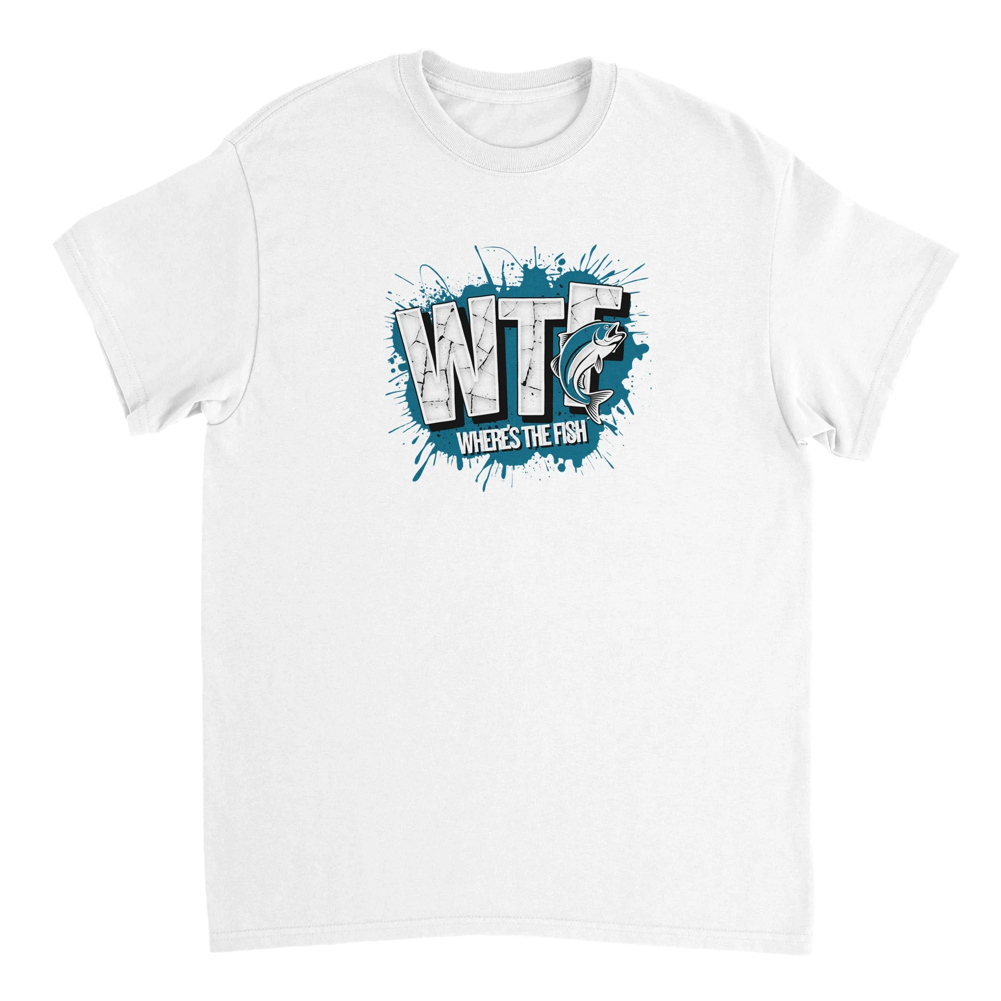 WTF Where's The Fish whimsical fishing t-shirt in classic white cotton with graphic design