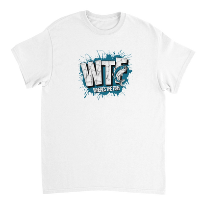 WTF Where's The Fish whimsical fishing t-shirt in classic white cotton with graphic design