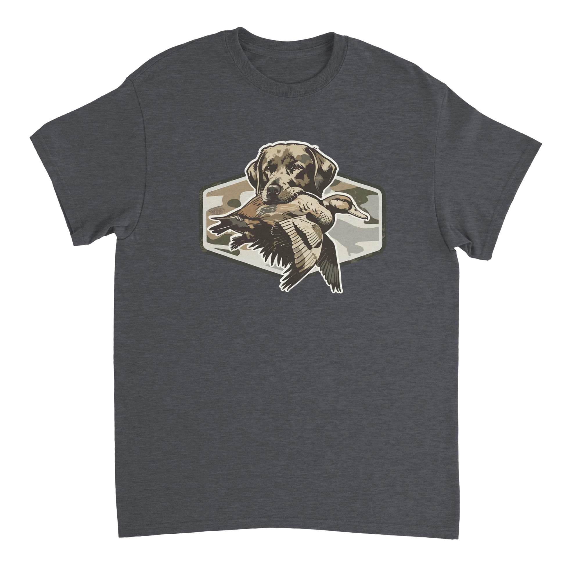 Dark gray Duck Hunter's T-Shirt featuring a hunting dog holding a duck with camo background.