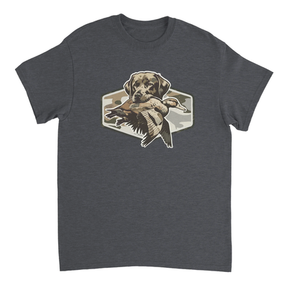 Dark gray Duck Hunter's T-Shirt featuring a hunting dog holding a duck with camo background.