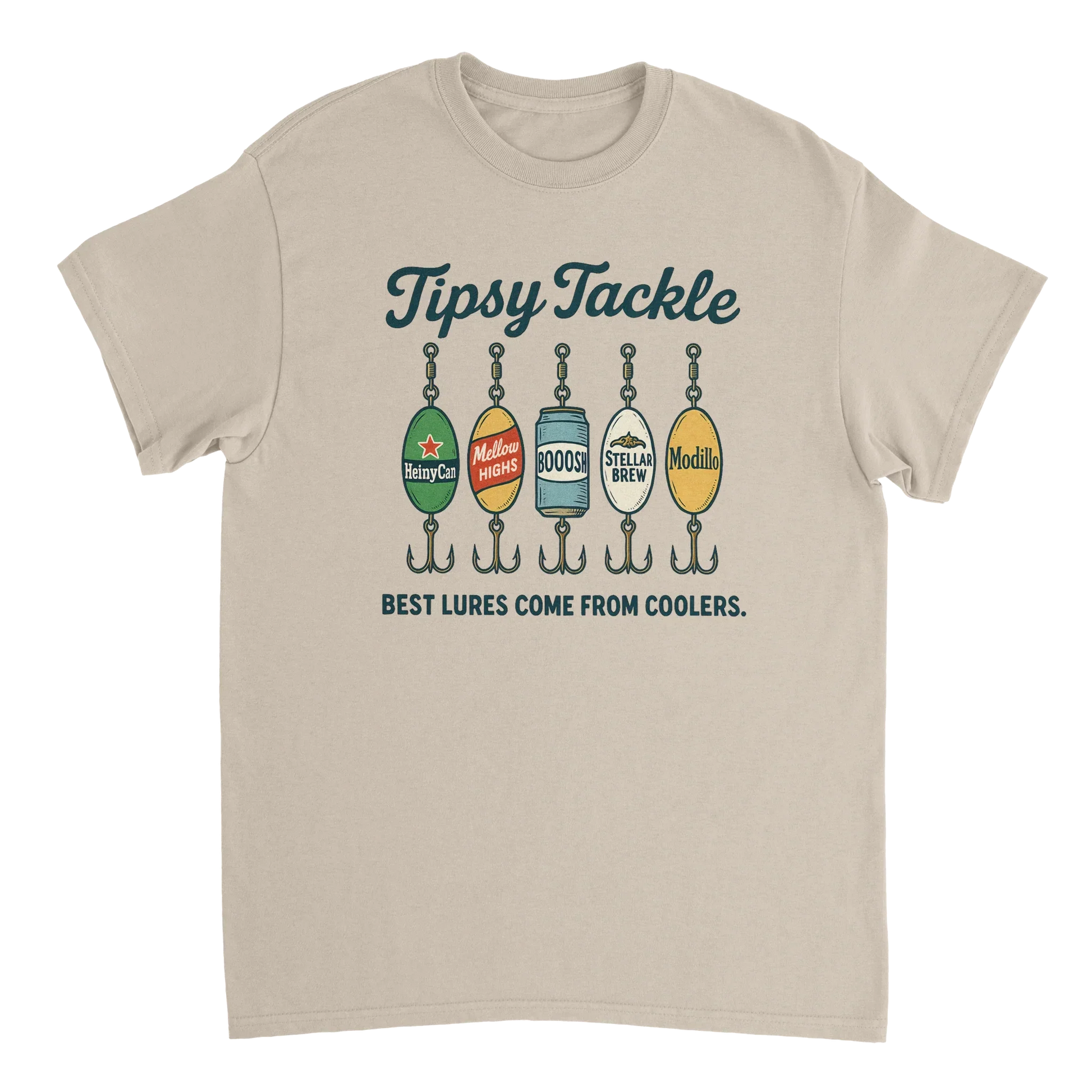 Beige Tipsy Tackle T-Shirt with playful fishing lure graphics and slogan Best lures come from coolers