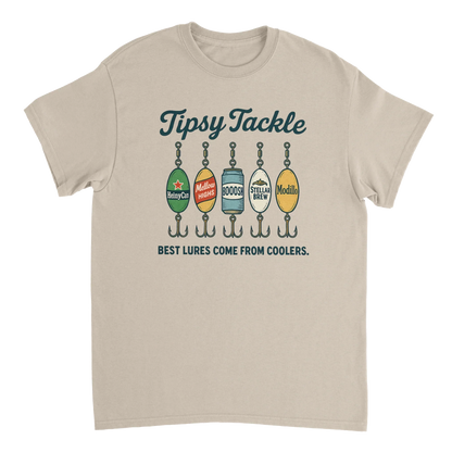 Beige Tipsy Tackle T-Shirt with playful fishing lure graphics and slogan Best lures come from coolers