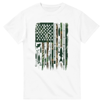 White Patriotic Fishing T-Shirt with American flag design made of fishing lures on camo background